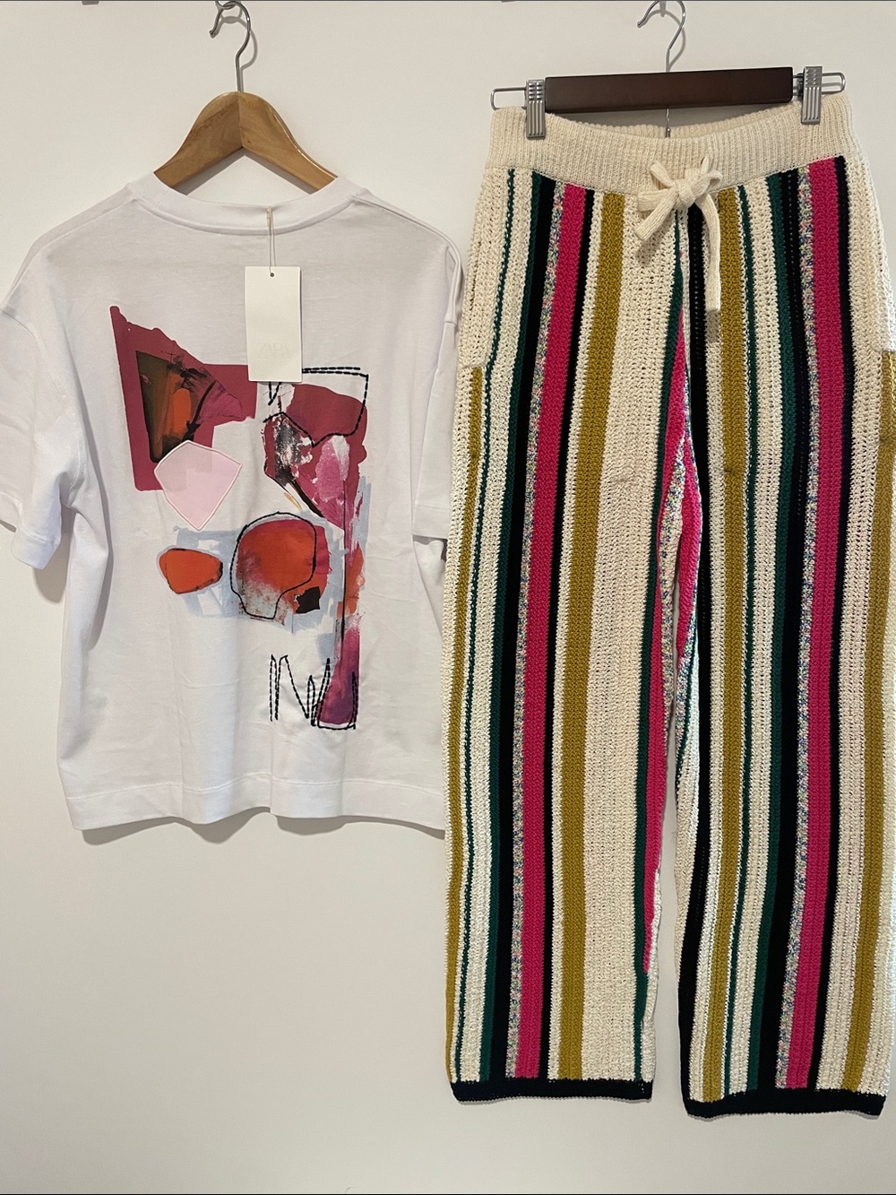 Zara Cream Knit Sweatpants with Pink, Green & Mustard Stripes